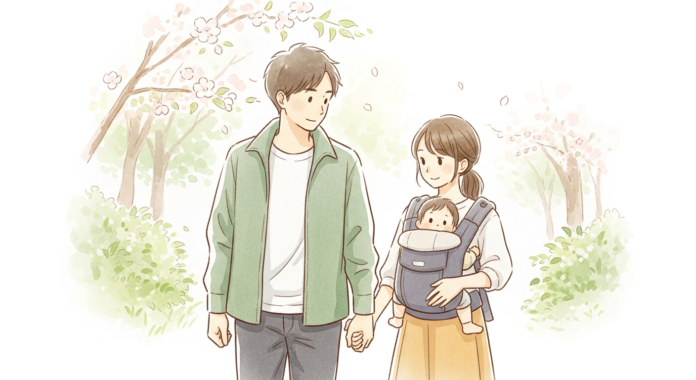 桜並木で抱っこ紐の赤ちゃんと立つ家族