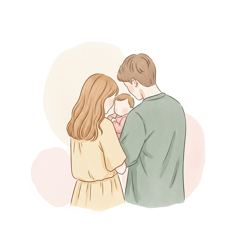 赤ちゃんを抱きしめる夫婦の後ろ姿